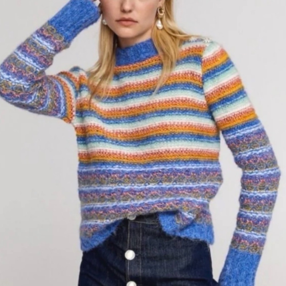 Leandra Medine x Mango Rainbow Stripe Mock Neck Sweater Crystals Size M
